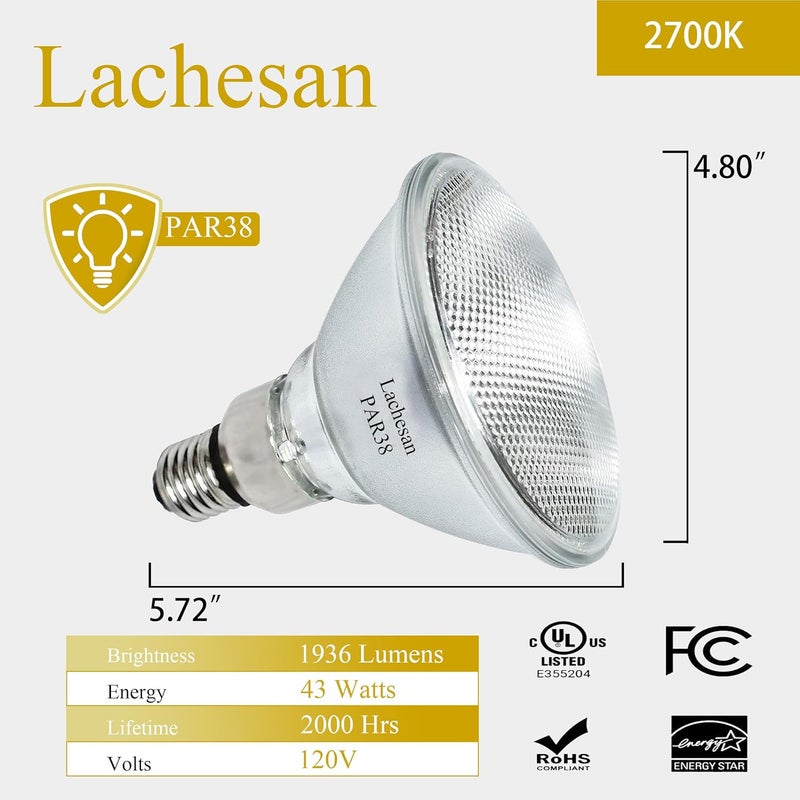Lachesan PAR38 Halogen Flood Light Bulbs, 90W Equivalent, 120V, E26 Base, 2700K Warm White Light for Indoor and Outdoor 8 Pack - Image 5